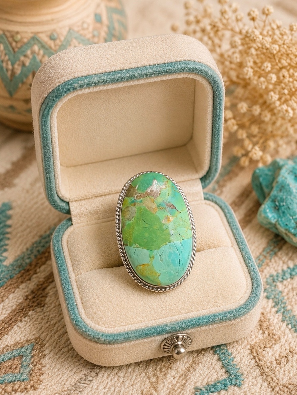 Ring Genuine Turquoise Oval 925 Sterling Silver Statement Bold Chunky Boho
